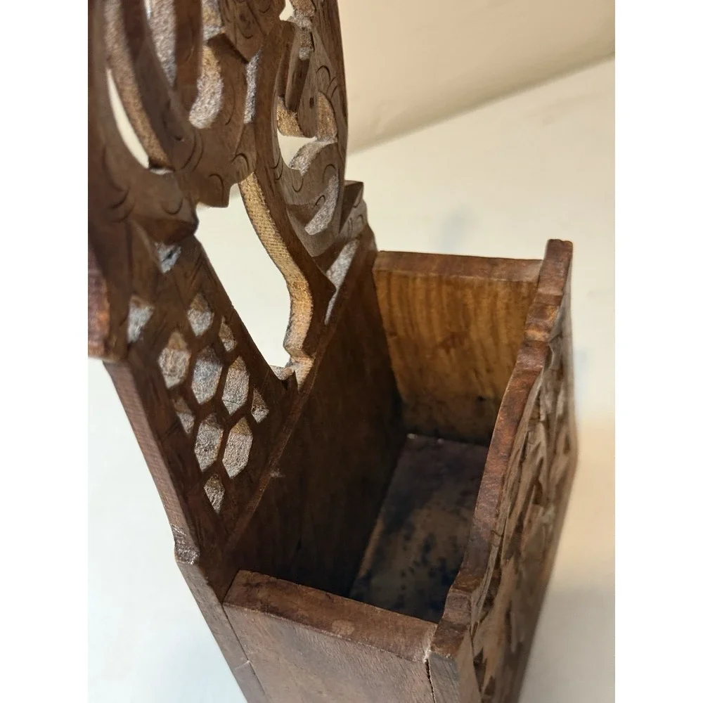 Vintage Carved Wood Wall Pocket Indian Tibetan Floral Key Box Mail‎ Holder